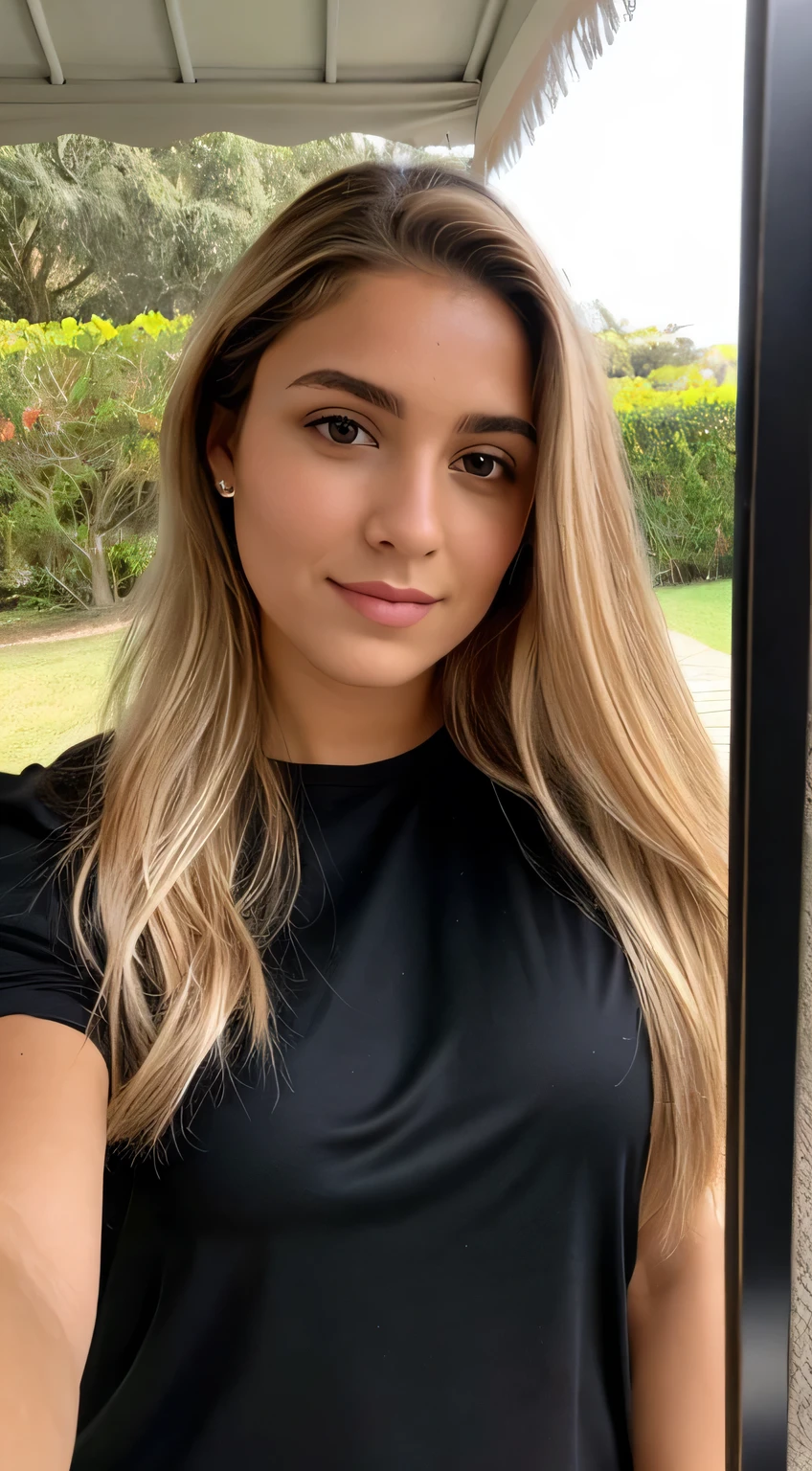 Uma mulher loira de 23 anos, ((seios grandes)), ((hiperrealismo)) ,. blonde hair with light brown roots. cabelo loiro, Hair with brown roots, cabelo extra longo, cabelo muito comprido, cabelo muito comprido, lindo, vista frontal, selfie, foto tirada com iPhone, camisa preta elegante com escote, corte baixo, selfie no jardim, alta qualidade, selfie iPhone, decote