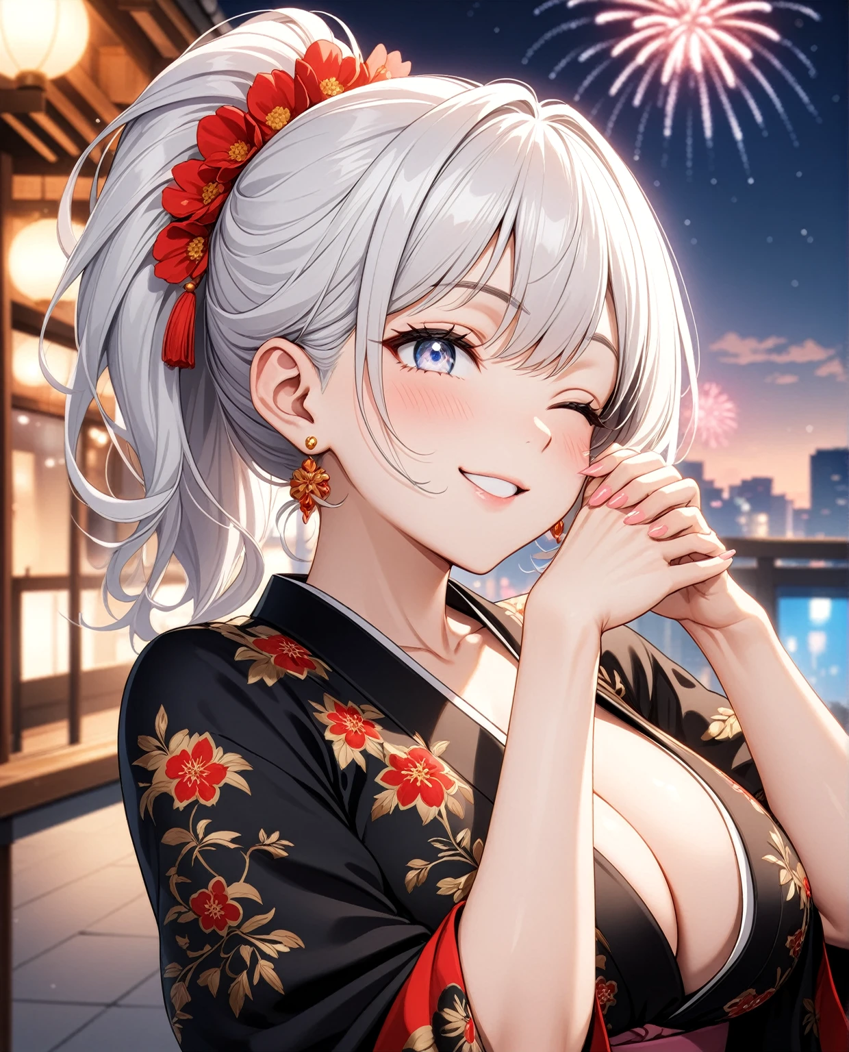 ((one personの女性)), Beautiful Face,Laughing embarrassedly,((Wink:2.0)),Laughing with your mouth open,((Bright red cheeks:1.3)),Glossy pink lips,night,rooftop,firework,((Anime style background)),masterpiece, highest quality, so beautiful, Latest, Complex details, (Pink long nails),(ring),AI-generated, Complex,High resolution, highest quality, super high quality,3D Images、View your viewers、3D Images,one person,Long white hair,High Ponytail,blue eyes,Anime woman posing for a photo, ((Fine grain、Silvery white colorful eyes、Shining Eyes:1.3)),(Squint your eyes:1.1),a hyperRealistic , hyperRealistic , Realistic,Anime woman with long and white hair, Smooth anime CG art, A woman in a colorful kimono with gold embroidery, (Black kimono),Red floral pattern,Long flower hair ornament,Big earrings,Mature Body,(Big Breasts:1.1),Tall,Big Ass,Fine details,Narrow waist,Abdominal muscles,Shooting from an angle,(Face close-up:1.3),(Hold your face in the palms of both hands)