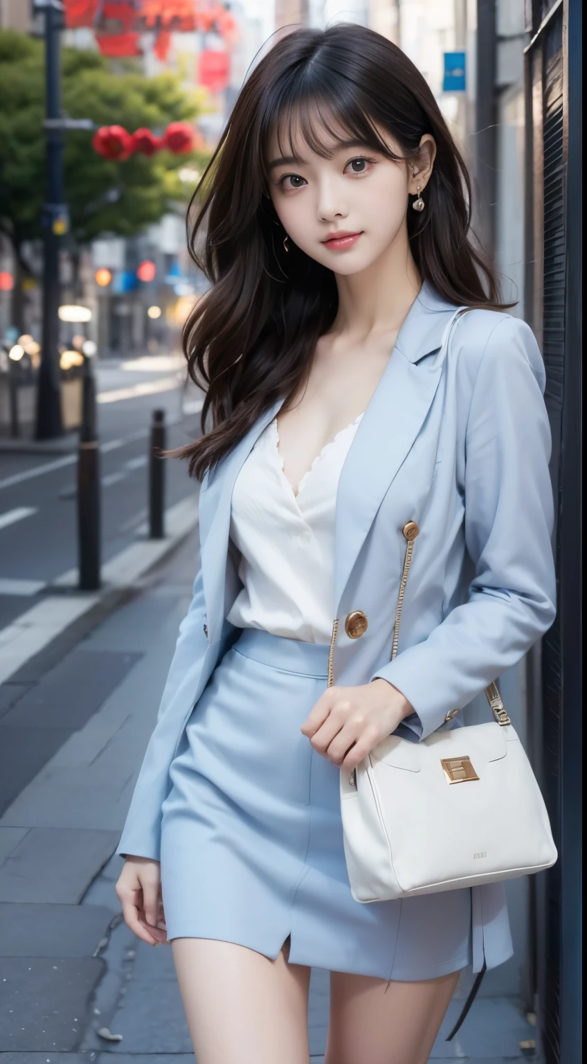 A woman standing in the streets of Ginza、Wearing a navy blue blazer、Wearing a white blouse、She is wearing a light blue flared skirt、Wearing pumps、The wind is blowing、A bag is hanging from the right shoulder、Beauty、20-year-old、university student、Uniform, cool-looking eyes、Well-balanced proportionedium build、Small face、Small breasts、Small Ass、The neck is short、Uniform left and right eyes、, black hair, long hair, messy hair, floating hair, earrings, parted lips, happy, seductive smile, symbol-shaped pupils, Surrealism, Verism, cinematic lighting, first-person view, f/1.2, Nikon, UHD, best quality, highres, 8k, anatomically correct, textured skin, high details