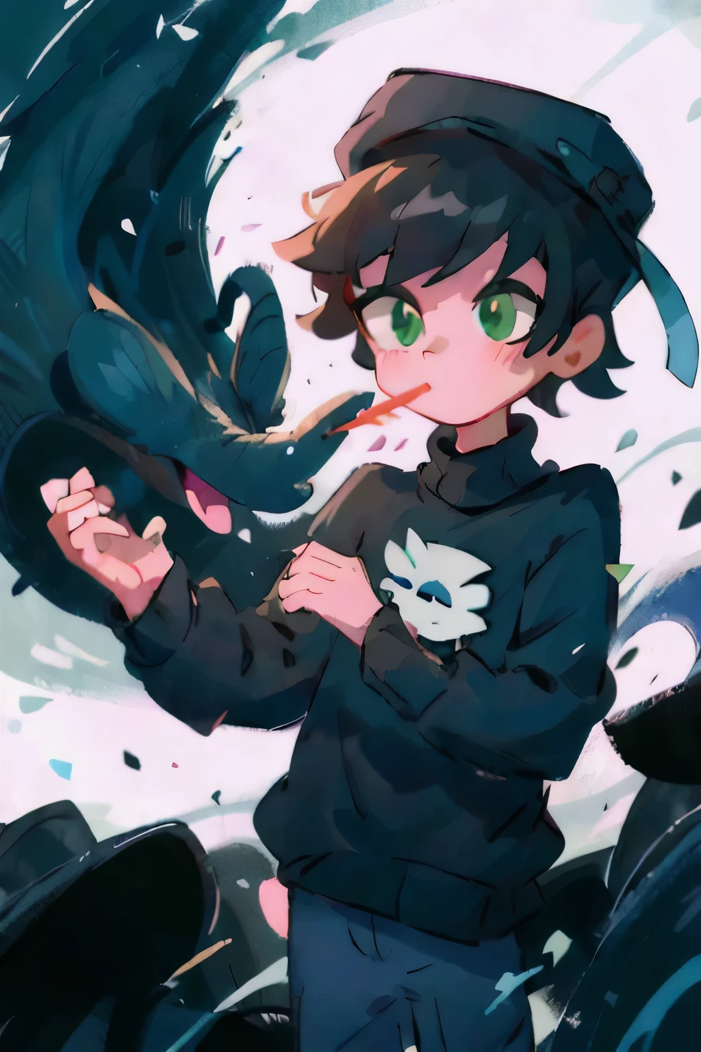 (finely best quality illustration:1.2), (kawaii boy:1.0), (1boy, solo:1.0),li , black hair , black shrt , green eyes , blue pants , black sweater , black clothes , graduating hat , wearing a hat , graduated