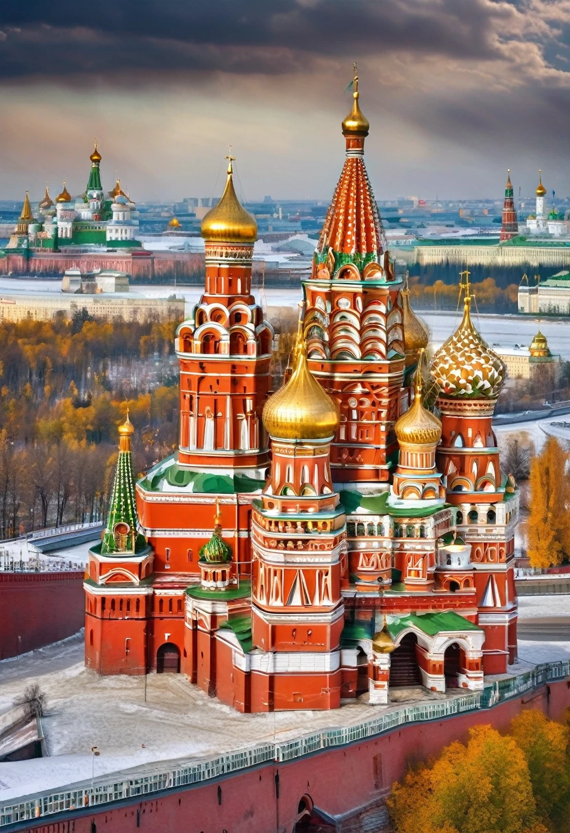 Majestic view of the Kremlin in Moscow., with golden spiers and intricate details, brought to life in a regal and majestic execution.