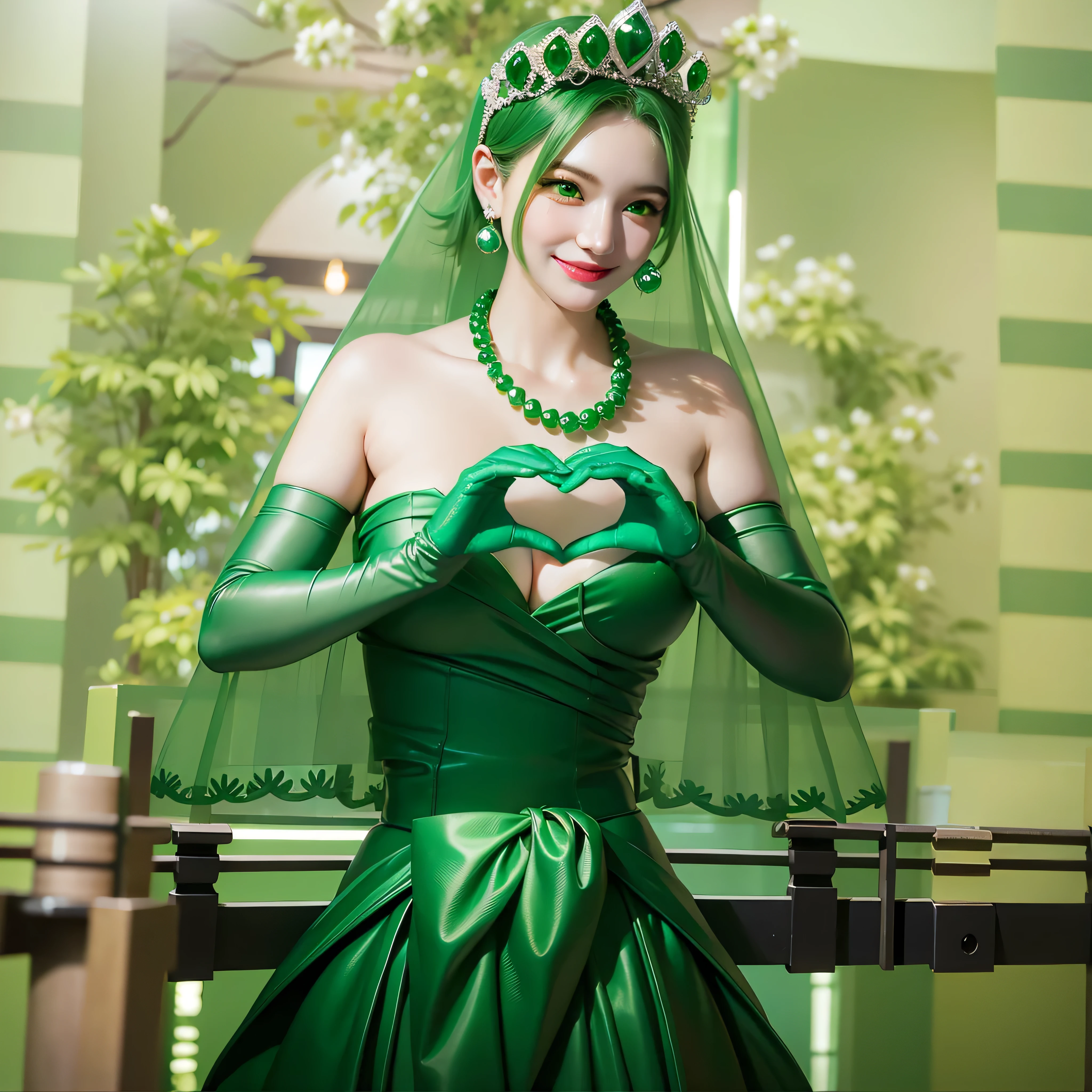 Emerald tiara, Green Pearl Necklace, Boyish very short green hair, Green Lips, Smiling Japanese woman, Very short hair, Busty beautiful lady, Green Eyes, Green satin long gloves, Green Eyes, Emerald Earrings, Green veil, Heart with both hands, Green Hair, Beautiful Japanese Women, Heart shaped hands:1.3, green lip gloss