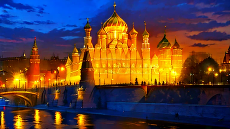 Majestic view of the Kremlin in Moscow., with golden spiers and intricate details, brought to life in a regal and majestic execution.