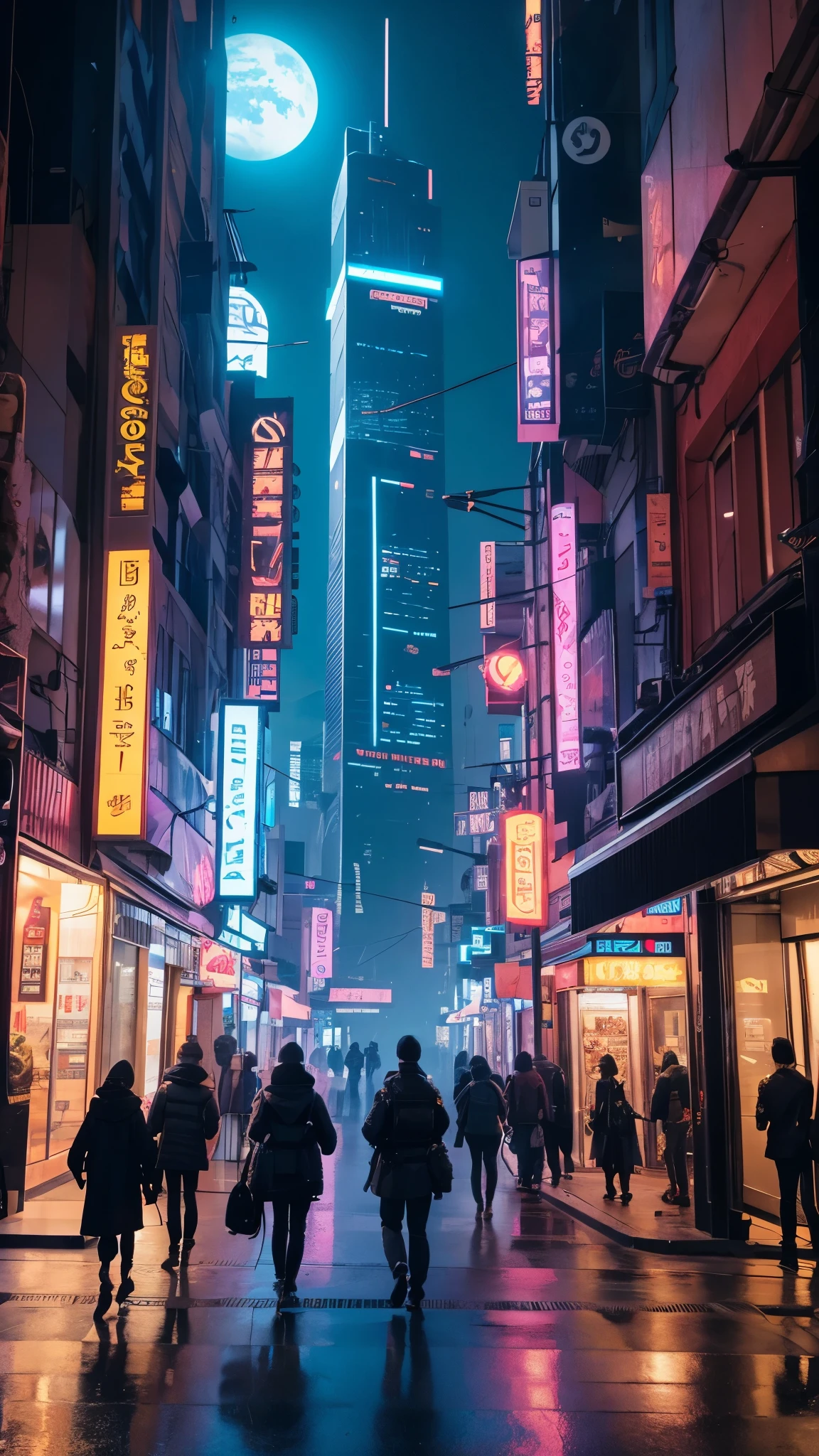 People walking through the city at night with a large clock tower in the background々, In a futuristic cyberpunk city, Futuristic cyberpunk scenario, Highly praised Earth Station and Beeple, Fantasy sci-fi city, sci-fi cyberpunk city street, Bustling Cyberpunk City, 3D rendering beeple, cinematic beeple, cyberpunk city street, Beeple Style