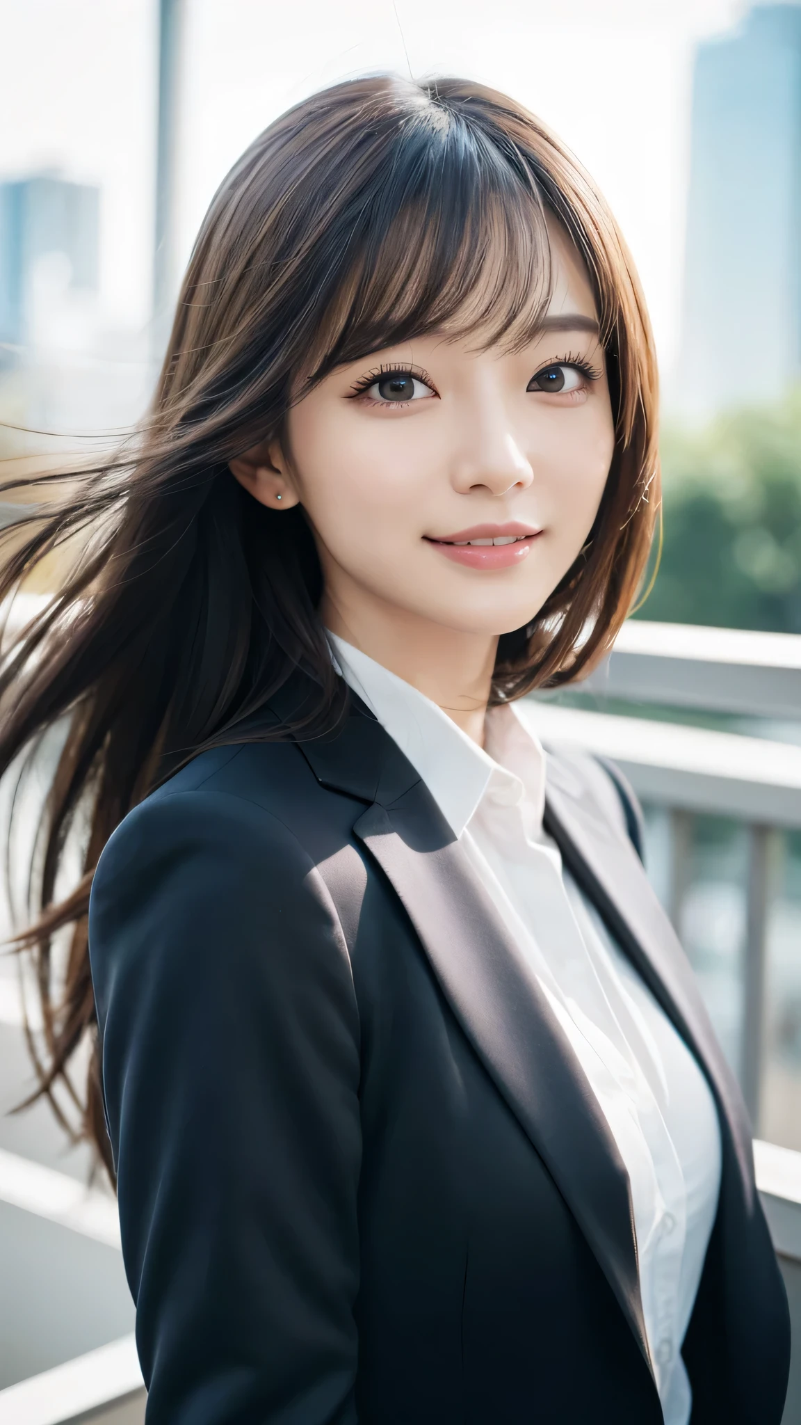 table top、highest quality、genuine、Super detailed、finely、High resolution、8k wallpaper、one beautiful woman、、、light brown disheveled hair、wearing a business suit、sharp focus、perfect dynamic composition、beautiful and detailed eyes、thin hair、Detailed genuine skin texture、smile、model body shape、In Tokyo at morning、Brush your hair up with your fingers.
