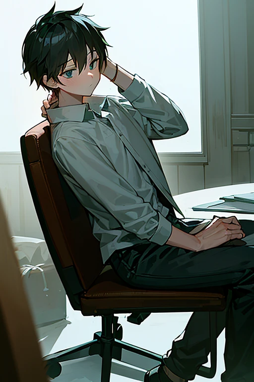 one boy, sitting on a chair, a confused face, scratching his forehead, looking to the right