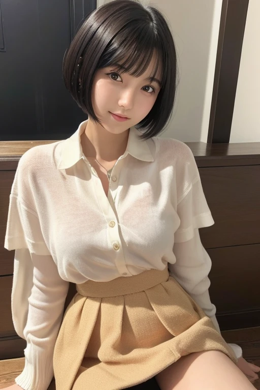 (Photos taken with a smartphone, real, soft light), Japanese, (One Girl), Beautiful Face, (A vivid face), (Black-haired、short hair:1.3), Beautiful Hairstyles, 細かく描かれたreal目, (Realistic Skin), Beautiful skins, attractive, Surreal, High detail, Golden Ratio, Highly detailed cute girl,(20-year-old), (upskirt:1.3)