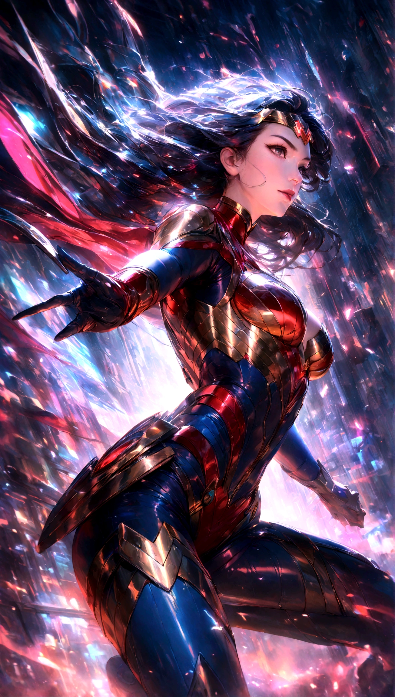 A highly detailed, photorealistic portrait of Wonder Woman in a futuristic, cyberpunk setting, wearing a high-tech bodysuit, surrounded by advanced technology and neon-lit cityscape, cinematic lighting, vibrant colors, intricate details, masterpiece