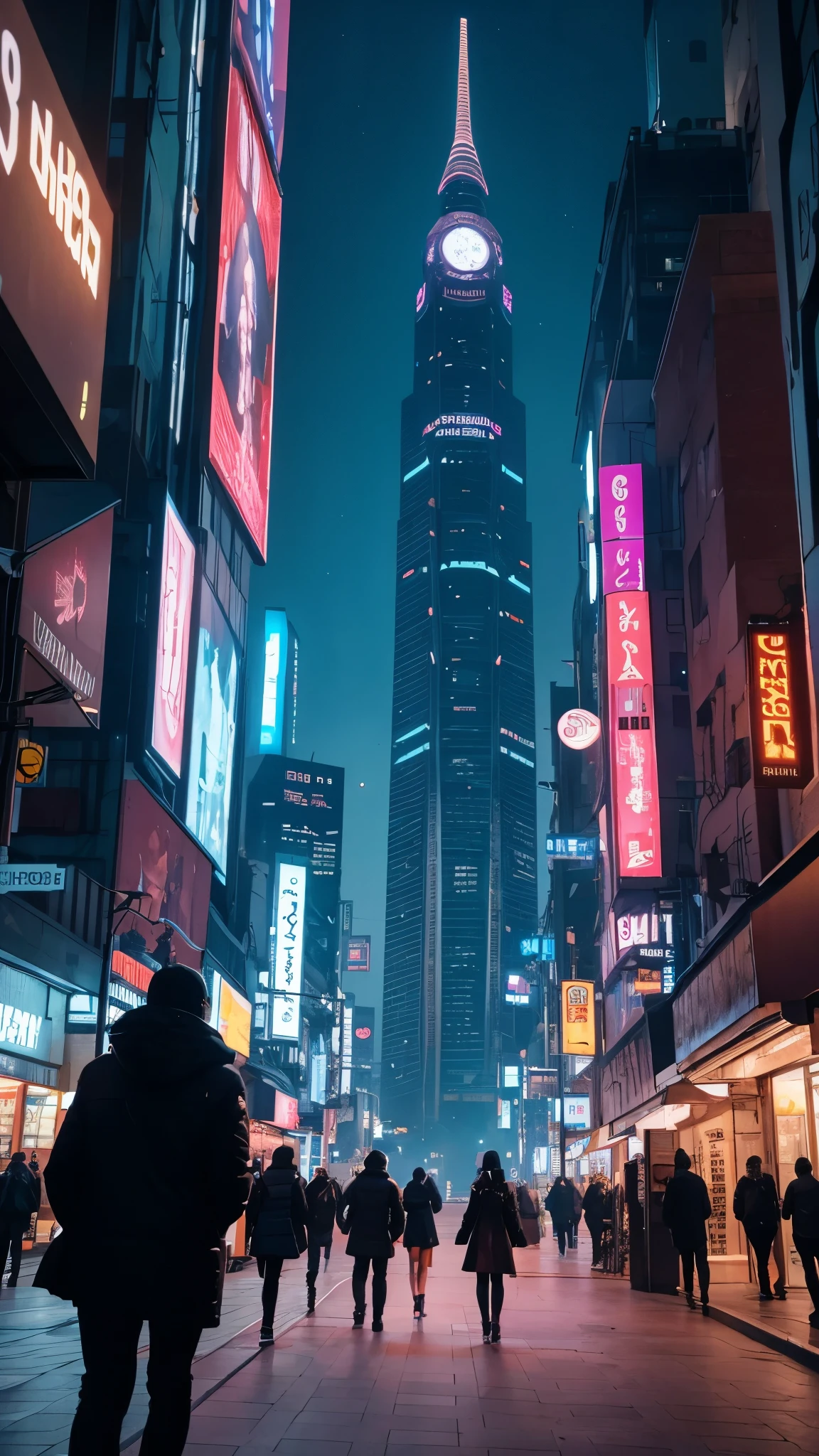People walking through the city at night with a large clock tower in the background々, In a futuristic cyberpunk city, Futuristic cyberpunk scenario, Highly praised Earth Station and Beeple, Fantasy sci-fi city, sci-fi cyberpunk city street, Bustling Cyberpunk City, 3D rendering beeple, cinematic beeple, cyberpunk city street, Beeple Style