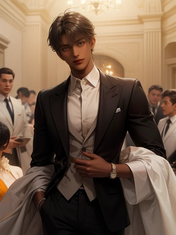 Male focus, 1 MAN, solitary, DARK BROWN hair, (((bright yellow eyes))), SHORT MESSY hair, , ((brown skinned)), blushing a lot, handsome, THIN lanky MAN, black hair，((LUXURY brown orange SUIT)), ELEGANT, RICH, BLACK SKIN, ((DARK SKINNED)), SOFT LOOKING, BLUSHING, HAIR DOWN, (((((SHORT HAIR)))), (((((DARK SKINNED, TANNED SKIN, VERY DARK SKIN)))), BANGS, SHORT SHORT HAIR, brown SKIN ASIANsharp orange EYES, BLUNT BANGS, LONG TORSO NARROW SHOULDERS, ORANGE SUIT