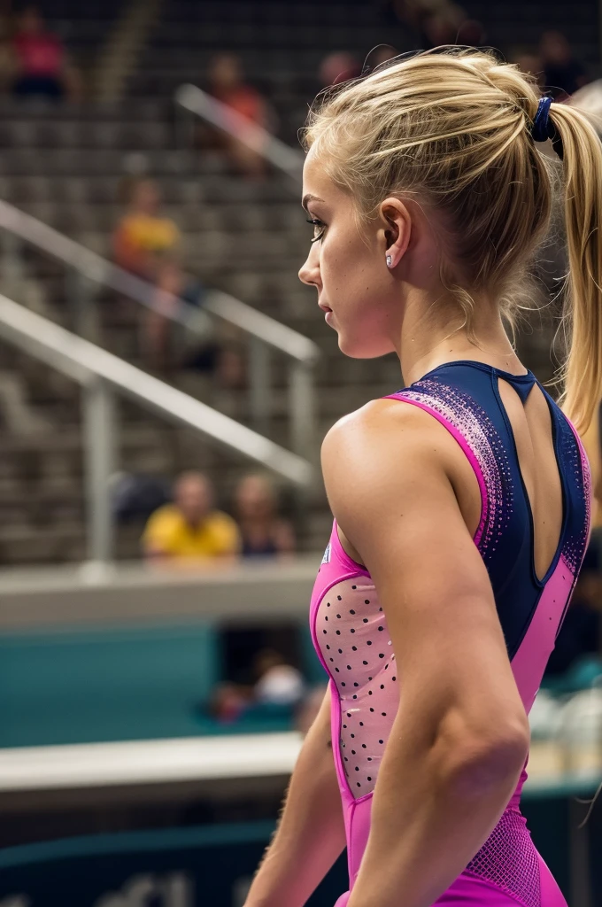 (Olivia Dunne:1.2), Masterpiece, a half body shot of a beautiful 18 years old female American Gymnastics athlete wearing a sexy gymnastics Leotard, she is standing waiting to compete with the Louisiana State University Tigers team at the NCAA championship in 2020, she has semi long light blonde hair in a bun, hazel eyes, skinny runners body, medium size breasts, 32B cup, concentrated face, a gymnastics indoor stadium in the background, 16K, ultra high res.photorealistic, UHD, RAW, DSLR, natural lighting