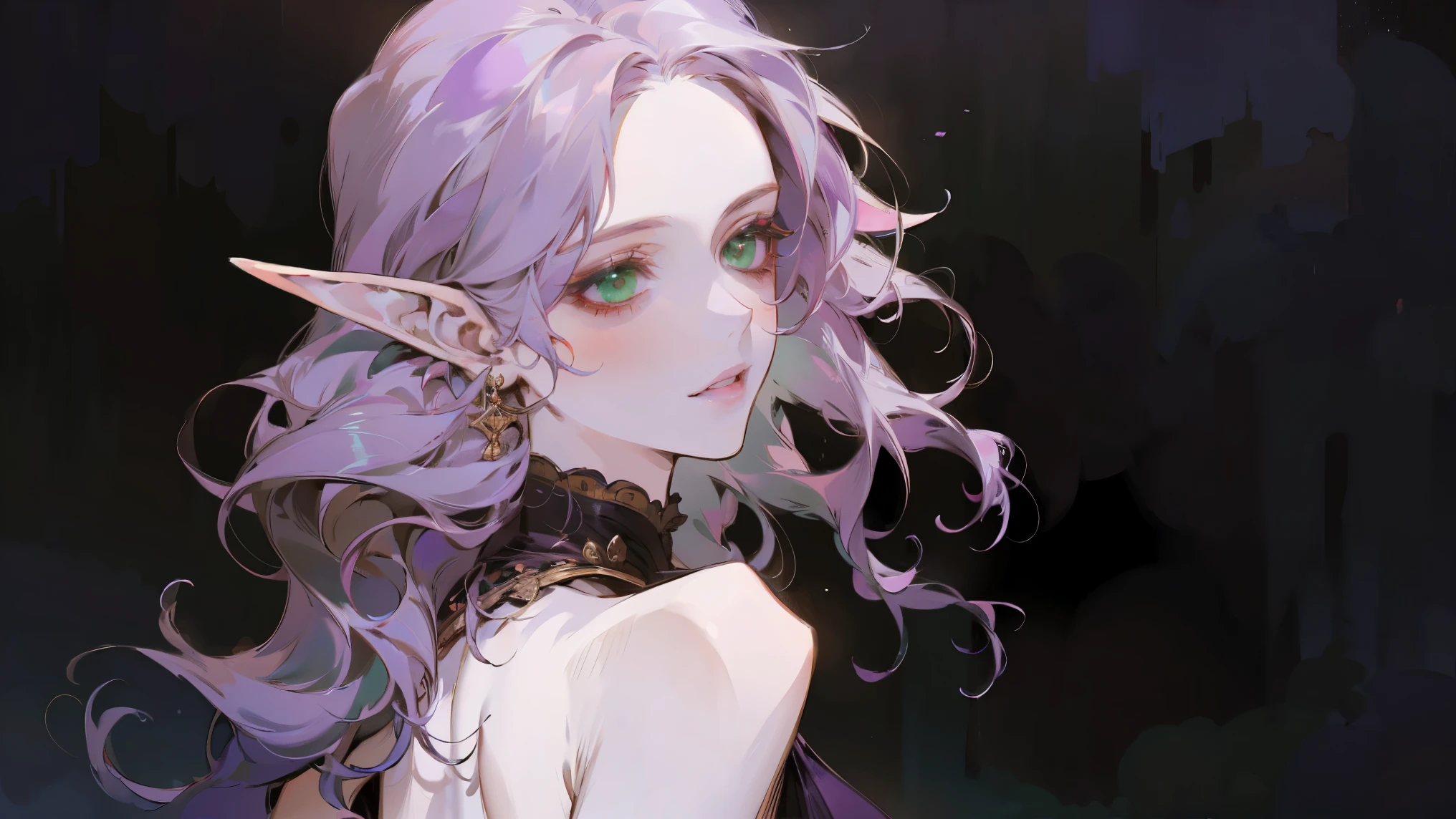 A beautiful, elegant girl with purple hair, green eyes and pale skin. Her hair is long and curly, she has two cute tufts on the sides. She is an elf. elf ears. (She smile:1.2). Black background.