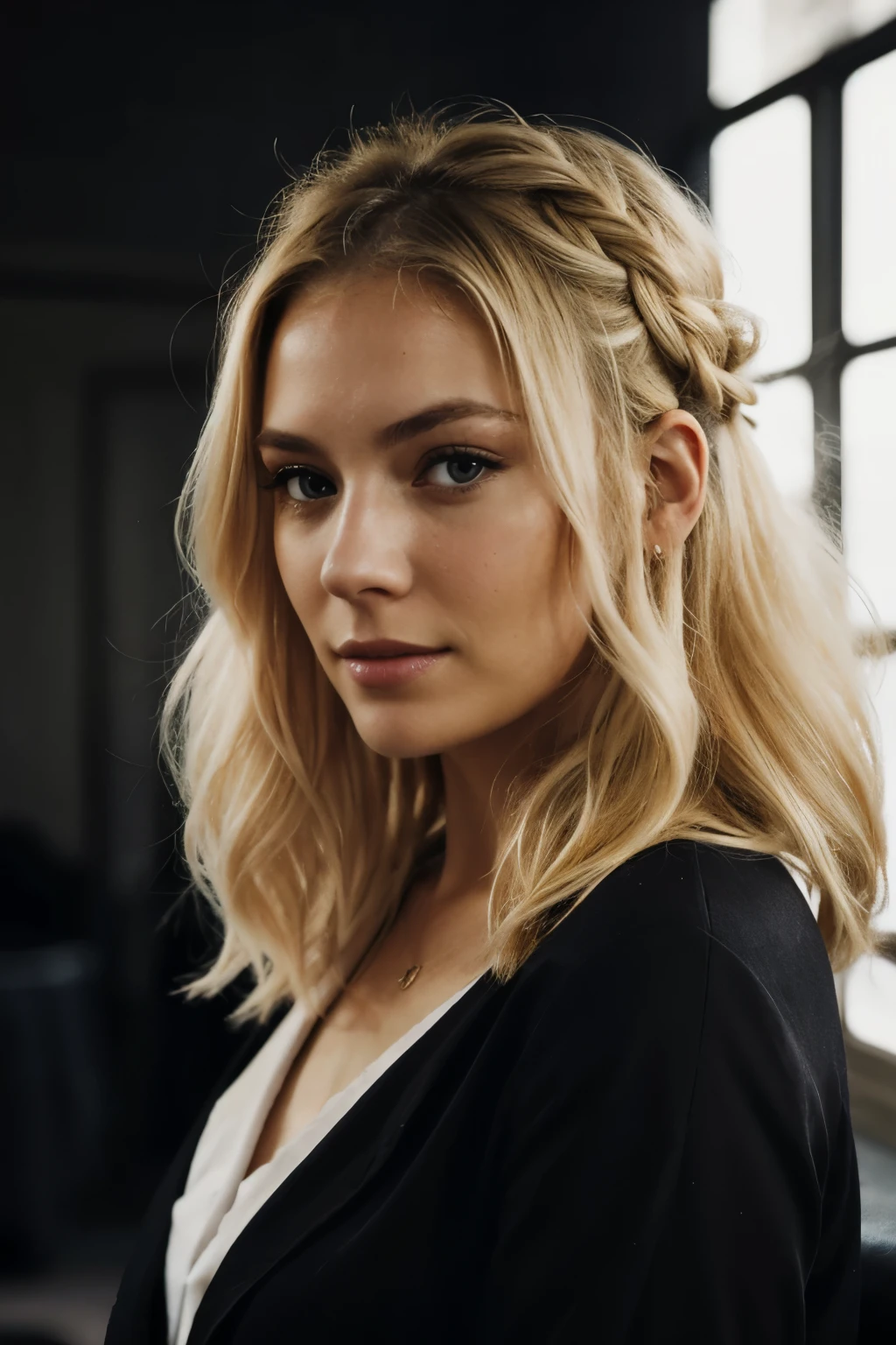 blonde woman making eye contact with hair, gathered in a bun, and dark theme