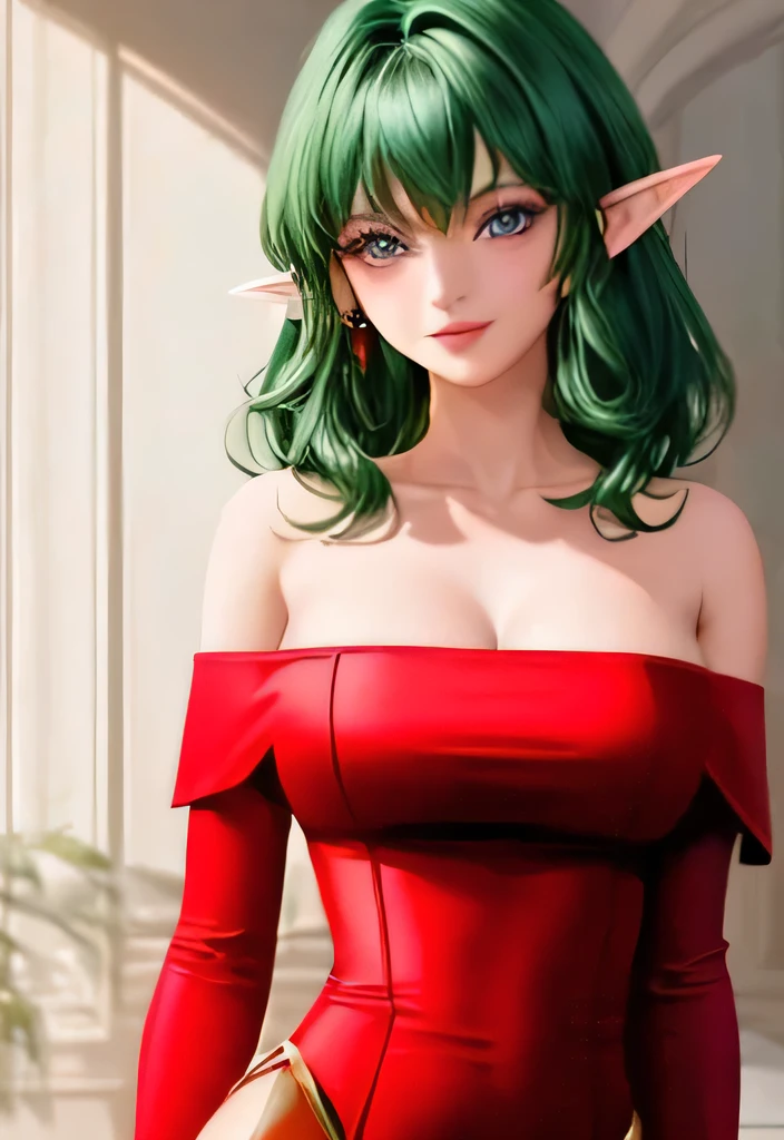  (masterpiece,highest quality,Very delicate),8k,Medium short green hair:1.3, Red off-the-shoulder bodycon tube dress ,Red long arm covers,Elf Girl,(Big Breasts),blue eyes,A kind smile,Big red ribbon on the back