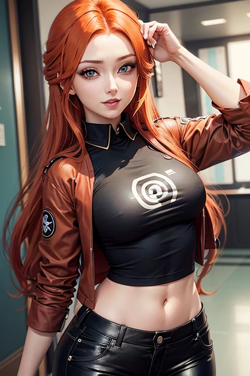 Kushina Uzumaki, olhos azuis ameixa, black collared pants, blusa branca, sorriso debochado, qualidade de anime