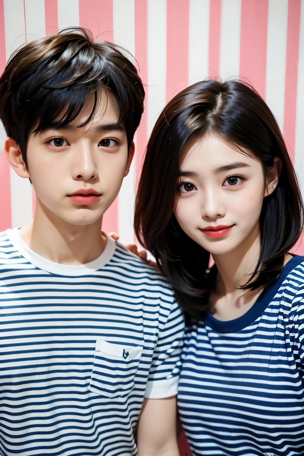 1 girl, 1 boy, ideal , Wearing a striped patterned t-shirt, Colorful photo spot background, Korean couple
