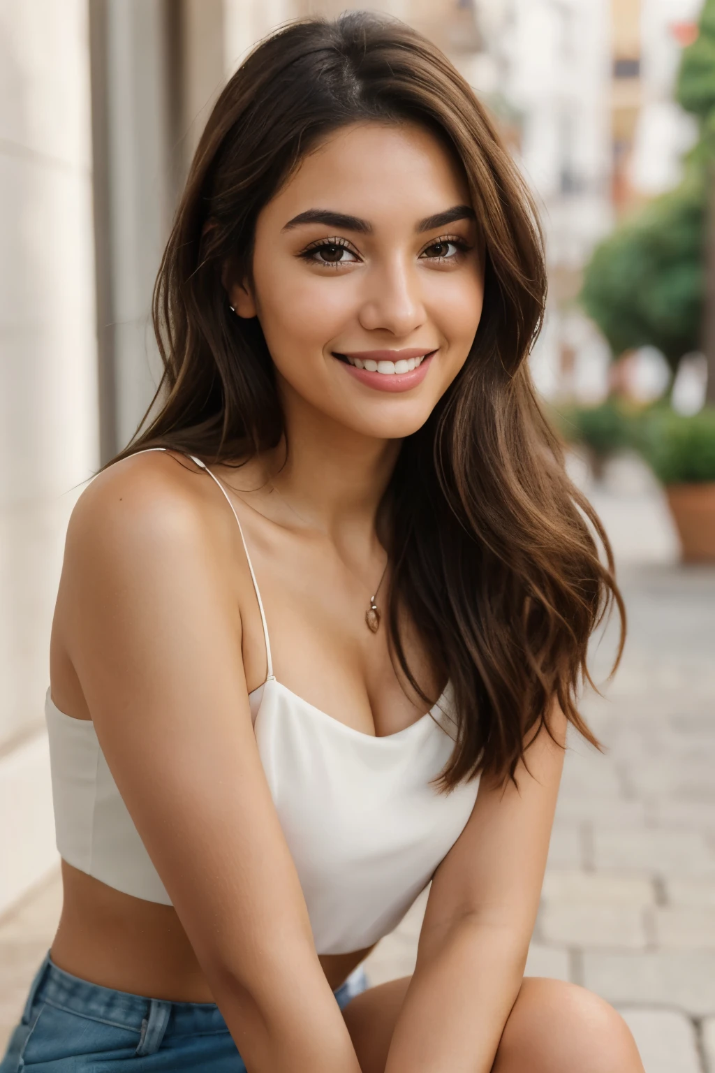 realistic portrait photo of beautiful woman with brunette hair, spanish language, influencer,Brown eyes, no makeup, instagram,with a smile, 20 years