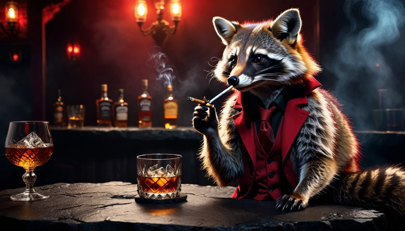 Raccoon with whiskey glass and cigarette, background smoky dark rock bar FOX all in red and black, detailed realistic raccoon, highly detailed, 8k, realistic, cinematic lighting, dramatic lighting, mood lighting, dark moody atmosphere, warm colors, vivid colors, intricate details , award-winning photography, stunning visual effects