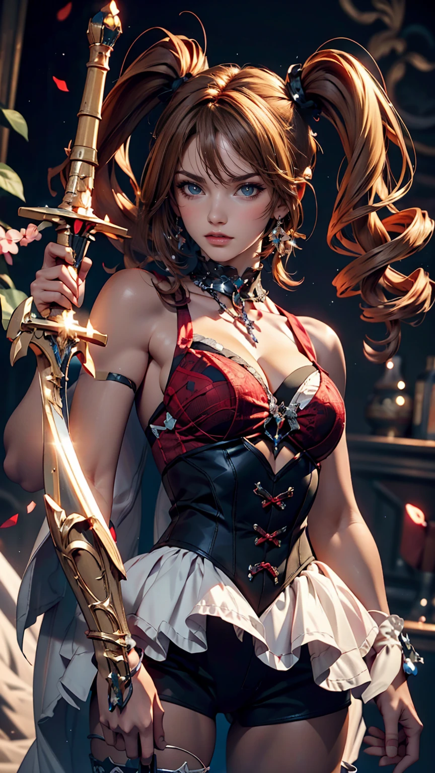 (highest quality), Dark fantasy, Big sword, Magical girl, Gothic, Twin tails, Realistic, Super detailed, High resolution, anime,