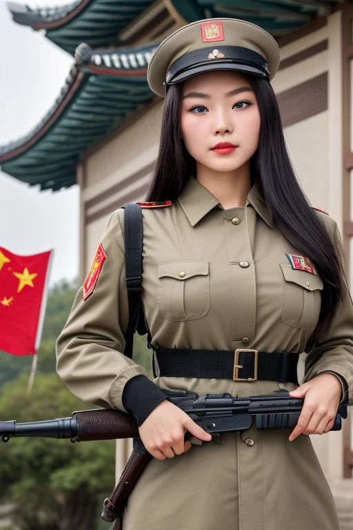 1936, china, 1 chinese woman, big breasts, strikingly beautiful, delicate facial features, porcelain skin, expressive eyes, black hair, masterpiece, best quality, absurdres, high resolution, extremely detailed,1 chinese girl, NRA1936,NRA cap,cap badge, hat,light blue uniform, NRA soldier, black long hair, hime cut, blunt bangs, blue eyes, backpack,NRA uniform, holding bolt action rifle, parody, propaganda poster of female soldier, ((full shot)),DPRK Propaganda, city, landscape, republic of china flag,