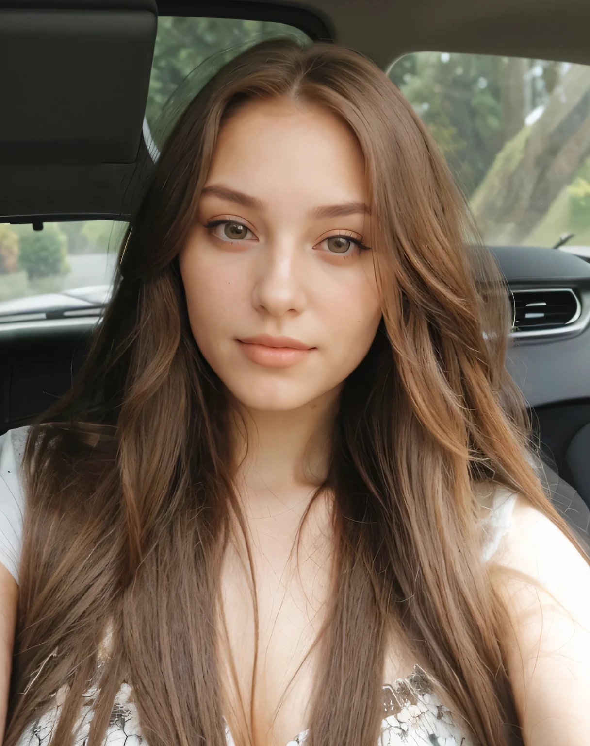 A close up of a woman with long hair in a car
