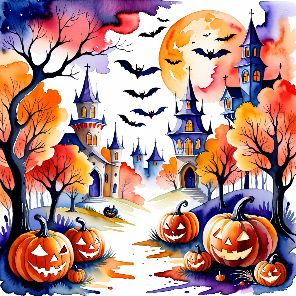 Watercolor painting in Halloween style . Bright, Beautiful, picturesque, detailed, textured, art