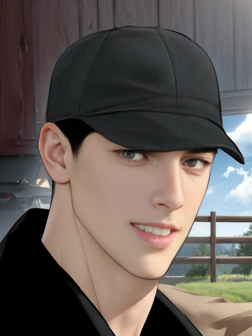 masterpiece, 1boy, young, handsome, black hair, undercut hair, perfect face, detailed eyes and face,black eyes, jacket, clean shaved, muscular, capturing a rural atmosphere, dynamic lighting, unreal engine 5
