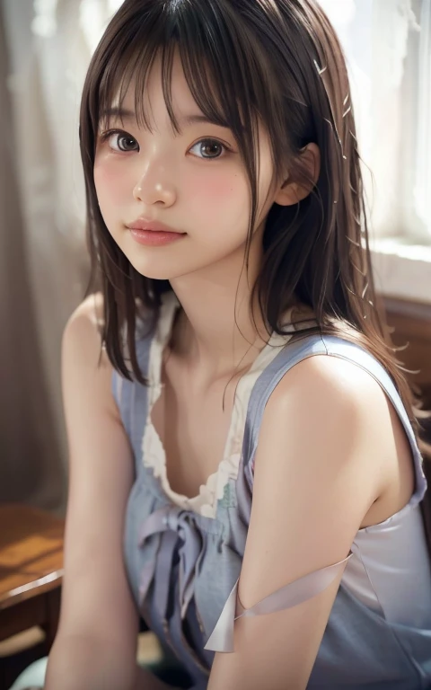 1girl,perfect Ratio Face, Balanced eyes, double eyelid,japanese,14yr,round face, an innocent face, Beautiful nasal muscles, lipgloss, Balanced style,mini skirt,((straddle on bench)),show panties,on backstreet,