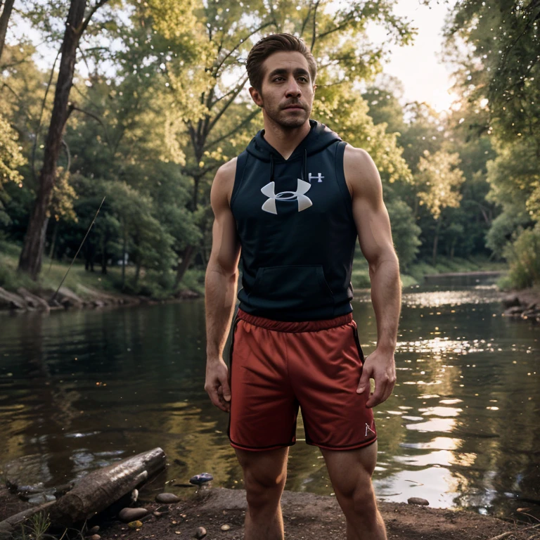 photo of jake gyllenhaal a man wearing a sleeveless well-fitted under armour hoodie and compression shorts, standing lake, fishing, outdoor trail, 35mm photograph, film, bokeh, professional, 4k, highly detailed, creek in the background, natural lighting, golden hour