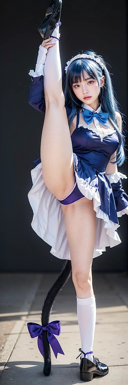 (masterpiece, best quality:1.2), 1girl, solo,standing_split, 
A photo of a beautiful lady cosplaying Frederica Bernkastel, dress, blue hair, long hair, dress, bowtie, mary janes, white socks, cat tail, tail bow, tail ornament, black shoes, purple eyes