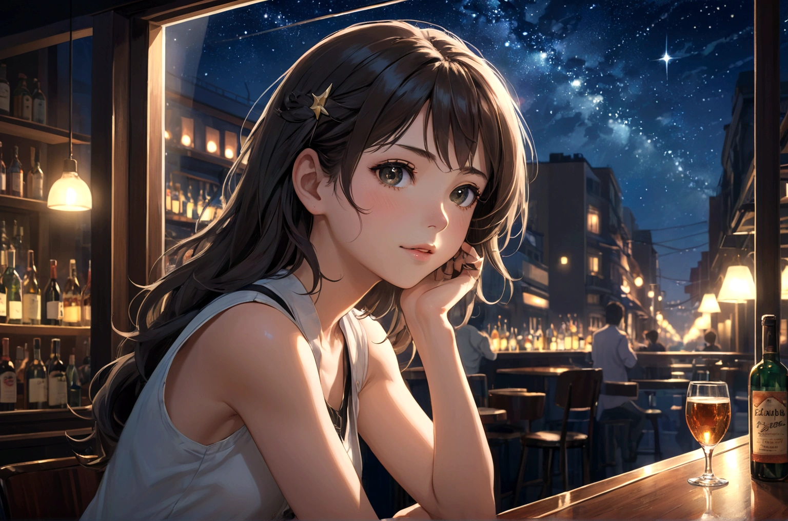 Uses Makoto Shinkai&#39;s depiction perfectly, Chiara Pancaldi portrait 8k 4k masterpiece photo ,A jazz bar with a glass ceiling,Outside the window is a dim night view,Stars twinkle in the sky,Close-up of profile,I&#39;m not looking at you,Semi-long hair,Black Hair,sexy,Slender,Wearing a white sleeveless shirt,Five fingers and five toes,The fingers are drawn precisely,The most beautiful woman in the world,30 years old,