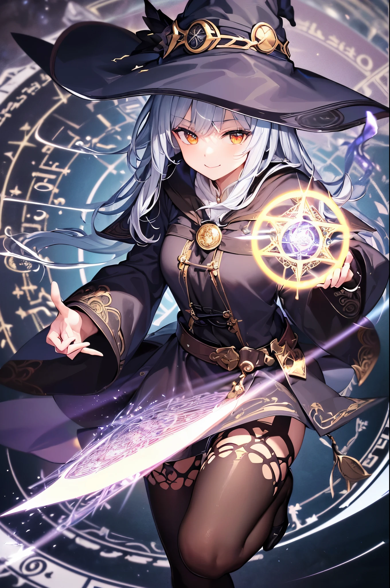((highest quality)),(Ultra-high resolution),(Very detailed),(Detailed Description),((The best CG)),(A masterpiece),Ultra-detailed art,Amazing drawing art,(Fantasy art with intricate detail:1.5), (witch:1.5),(A confident smile:1.4),(緻密で詳細に描写されたwitchの服:1.5),Dynamic Pose:1.6, (Light-emitting magic circle:1.5), Burst:1.3, Flow 1.3