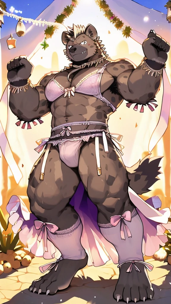 １people、male、middle aged、Stubble、gray spot hyena man,　Grey body、masterpiece、highest quality、Light pink lace underwear with revealing ribbons and frills、Knee-high socks、Full body illustration、garter belt、Bra with jewels、desert