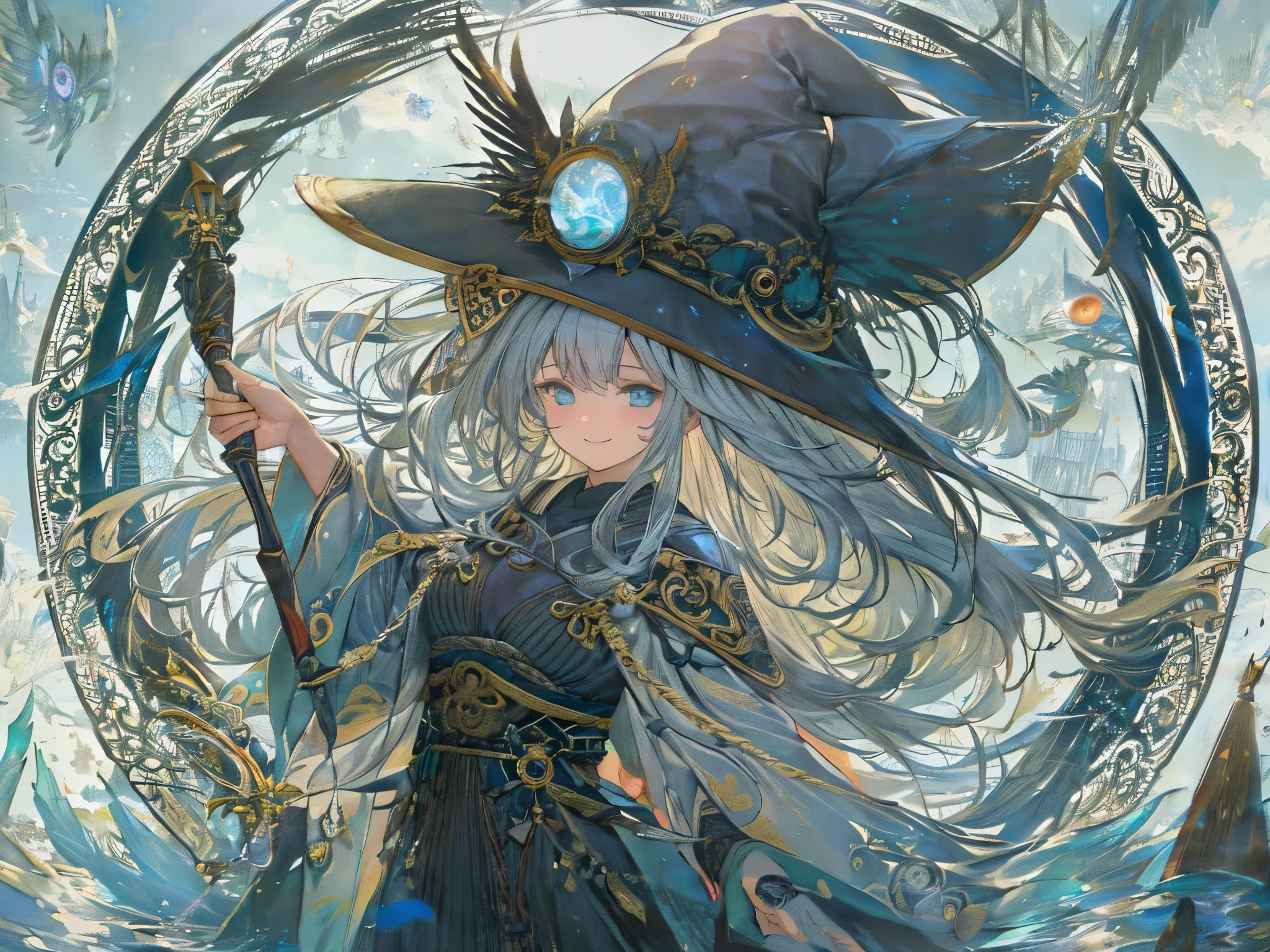 ((highest quality)),(Ultra-high resolution),(Very detailed),(Detailed Description),((The best CG)),(A masterpiece),Ultra-detailed art,Amazing drawing art,(Fantasy art with intricate detail:1.5), (witch:1.5),(A confident smile:1.4),(作り込まれたwitchの服:1.5), (A magic circle that emits bundled light:1.5), Aurora of Light,