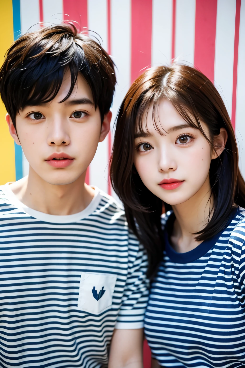 1 girl, 1 boy, ideal , Wearing a striped patterned t-shirt, Colorful photo spot background, Korean couple