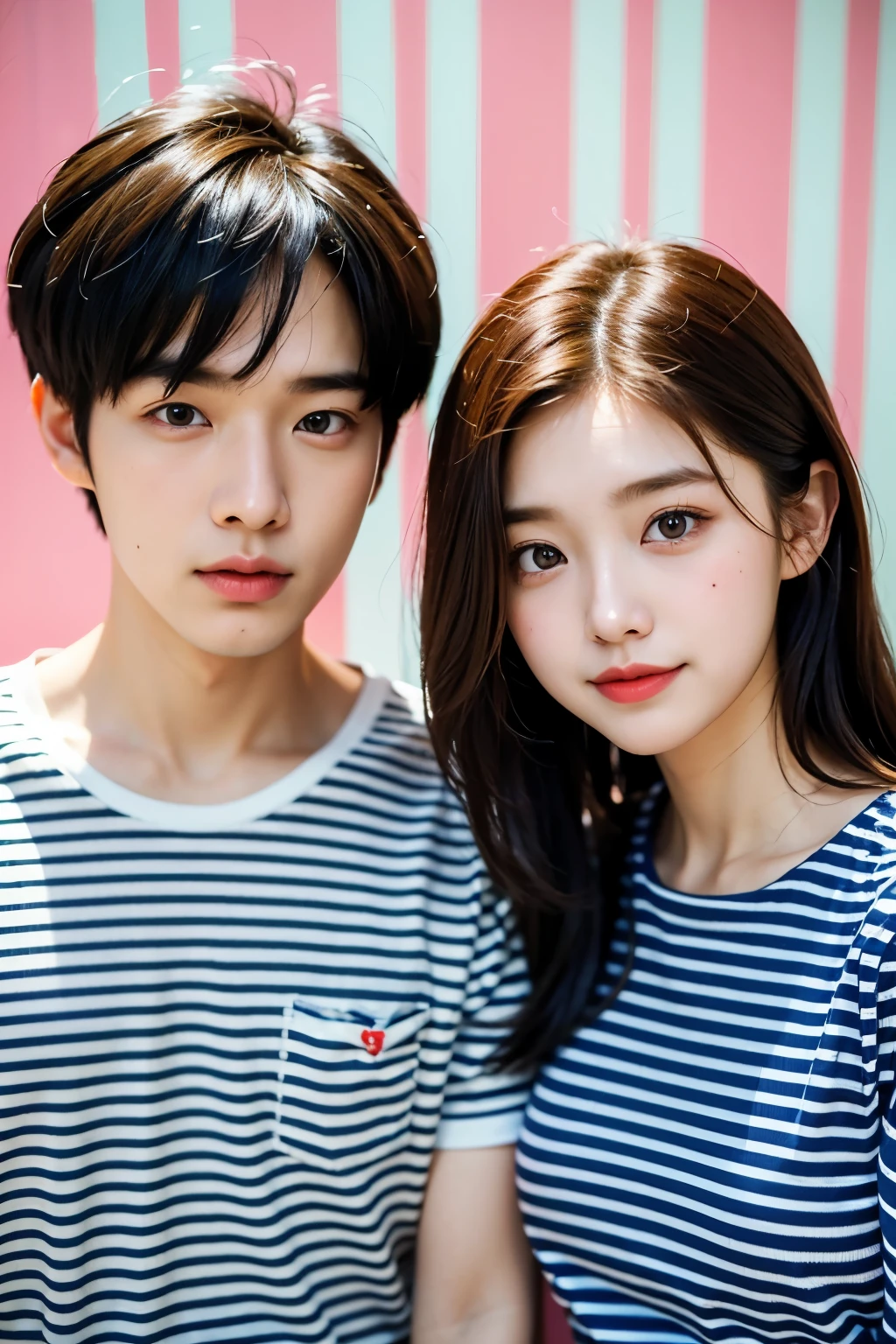 1 girl, 1 boy, ideal , Wearing a striped patterned t-shirt, Colorful photo spot background, Korean couple