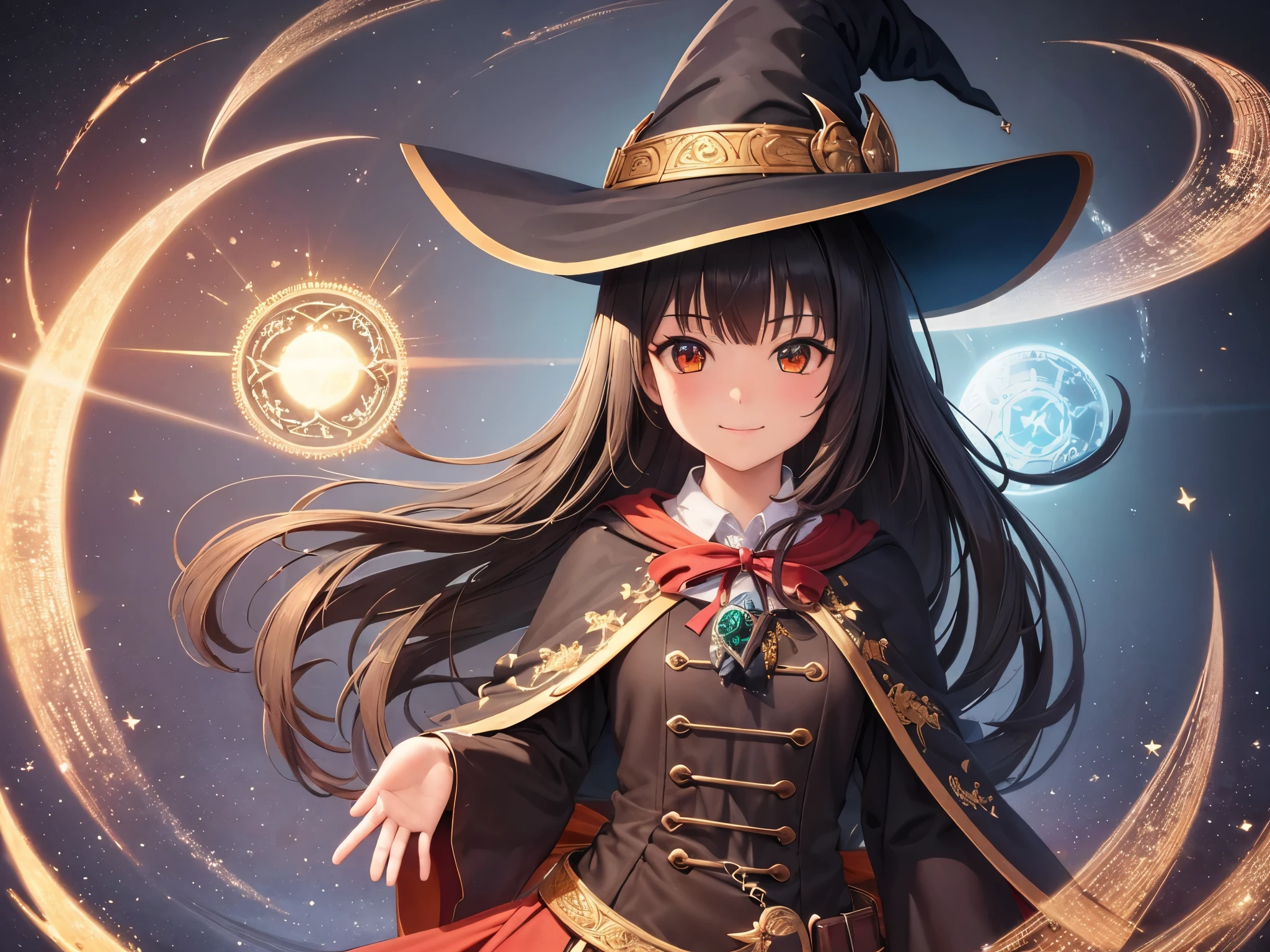 ((highest quality)),(Ultra-high resolution),(Very detailed),(Detailed Description),((The best CG)),(A masterpiece),Ultra-detailed art,Amazing drawing art,(Fantasy art with intricate detail:1.5), (witch:1.5),(A confident smile:1.4),(作り込まれたwitchの服:1.5), (A magic circle that emits bundled light:1.5), Aurora of Light,