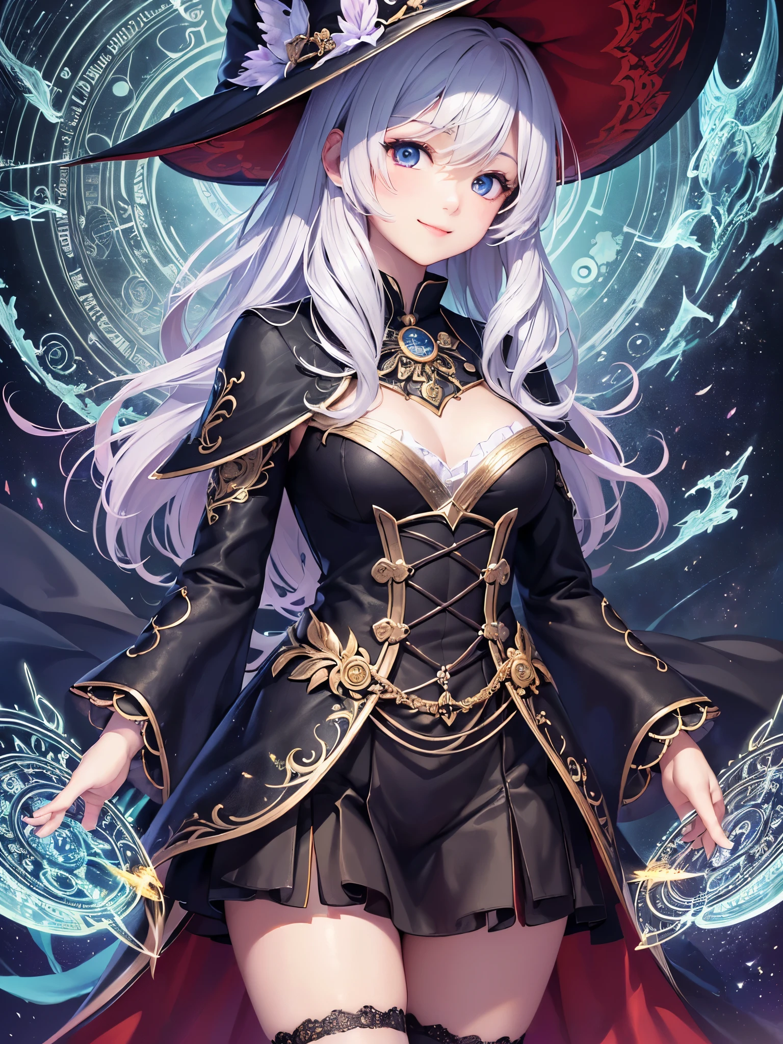 ((highest quality)),(Ultra-high resolution),(Very detailed),(Detailed Description),((The best CG)),(A masterpiece),Ultra-detailed art,Amazing drawing art,(Fantasy art with intricate detail:1.5), (witch:1.5),(A confident smile:1.4),(作り込まれたwitchの服:1.5), (A magic circle that emits bundled light:1.5), Aurora of Light,