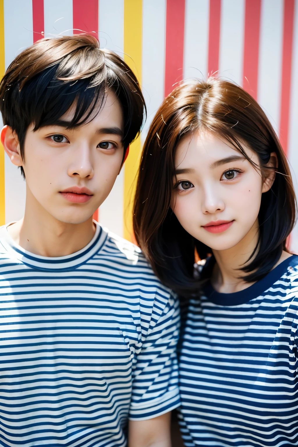 1 girl, 1 boy, ideal , Wearing a couple look t-shirt, Colorful photo spot background, Korean couple
