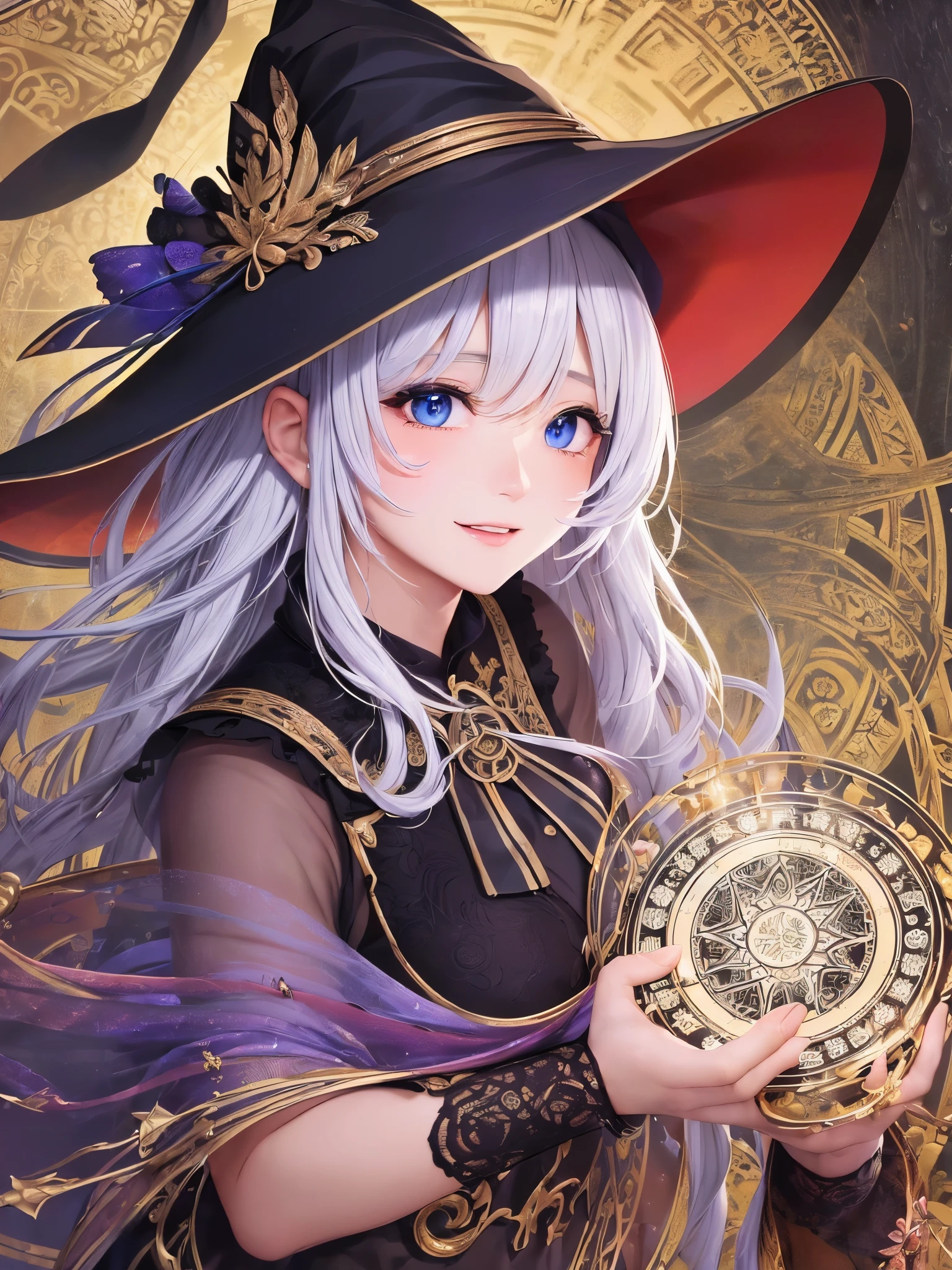 ((highest quality)),(Ultra-high resolution),(Very detailed),(Detailed Description),((The best CG)),(A masterpiece),Ultra-detailed art,Amazing drawing art,(Fantasy art with intricate detail:1.5), (witch:1.5),(A confident smile:1.4),(作り込まれたwitchの服:1.5), (A magic circle that emits bundled light:1.5), Aurora of Light,