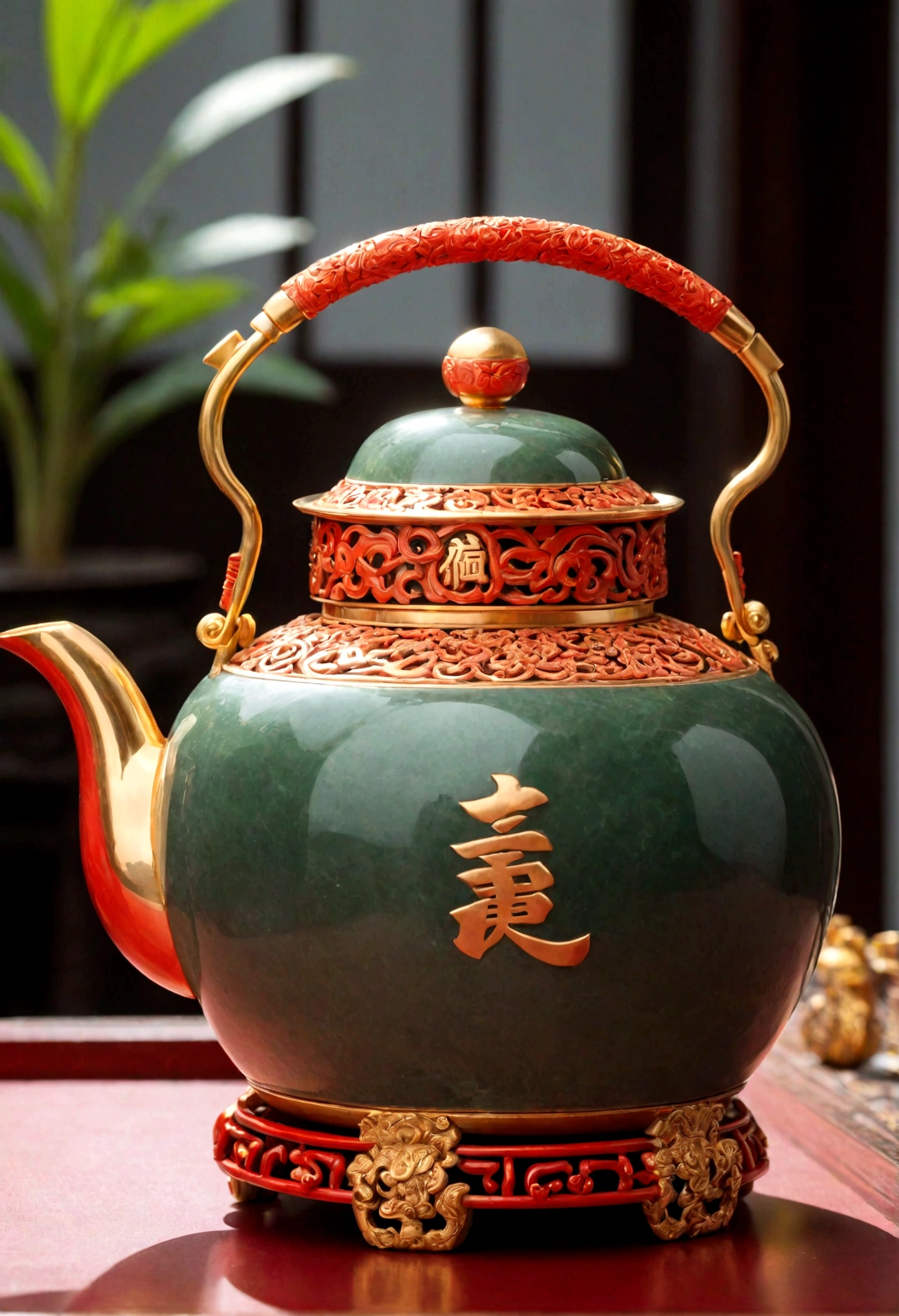 jade teapot richly ornamented with a Chinese ideogram in red gold meaning wisdom, na base do bule uma flor de ameixa, ao fundo uma lua cheia