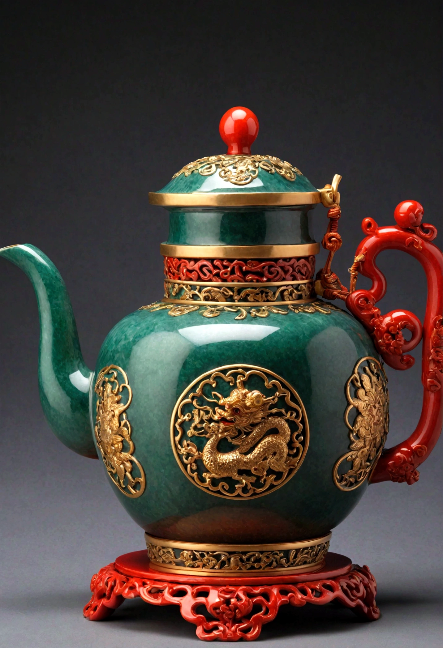 jade teapot richly ornamented with a Chinese ideogram in red gold meaning wisdom, na base do bule uma flor de ameixa, ao fundo uma lua cheia