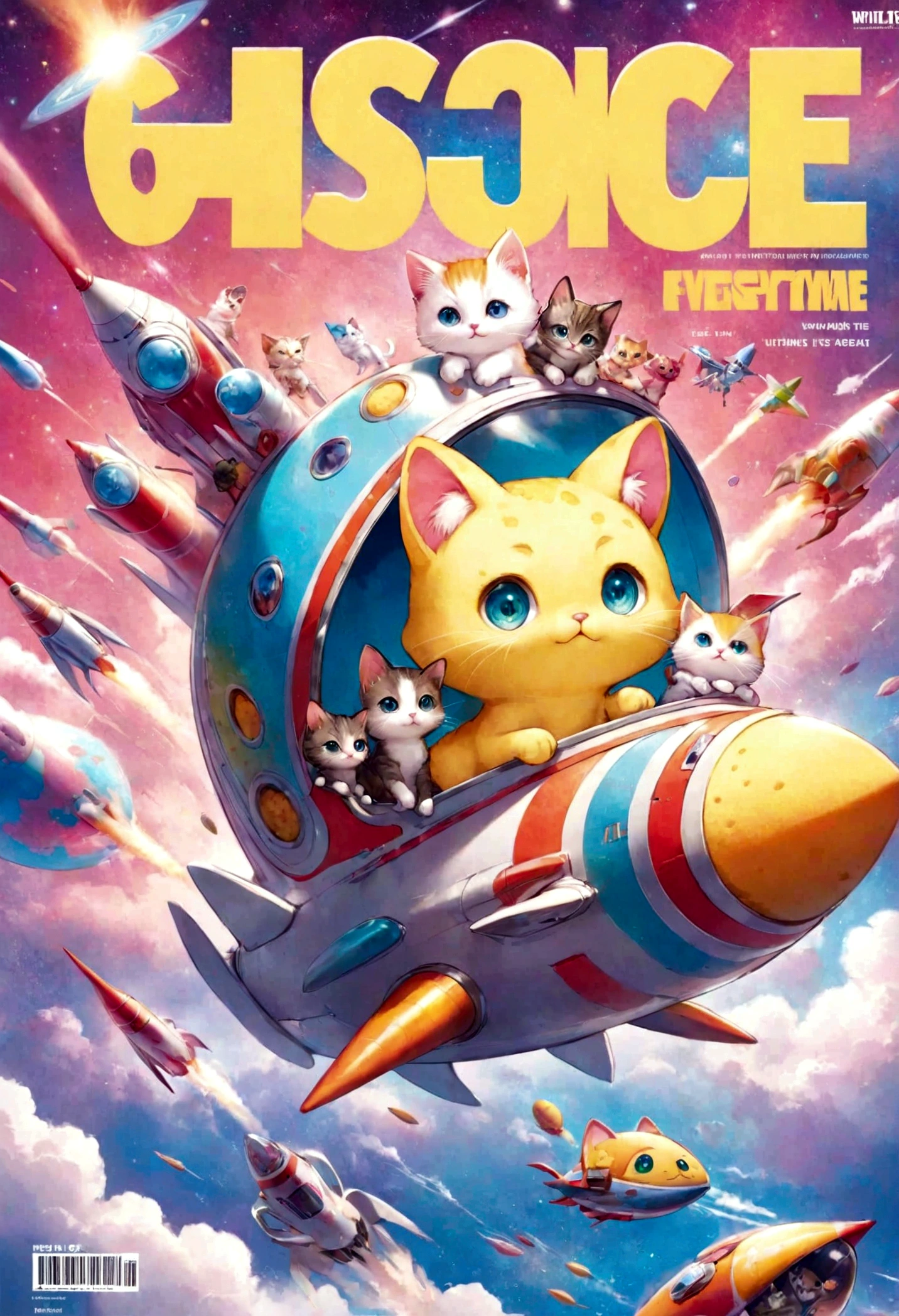 Sponge aliens, Front page of the magazine, Cover of a, Cute kitten riding on a rocket