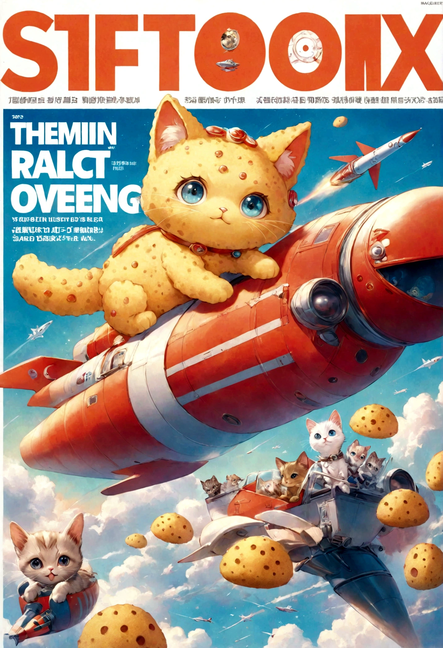 Sponge aliens, Front page of the magazine, Cover of a, Cute kitten riding on a rocket