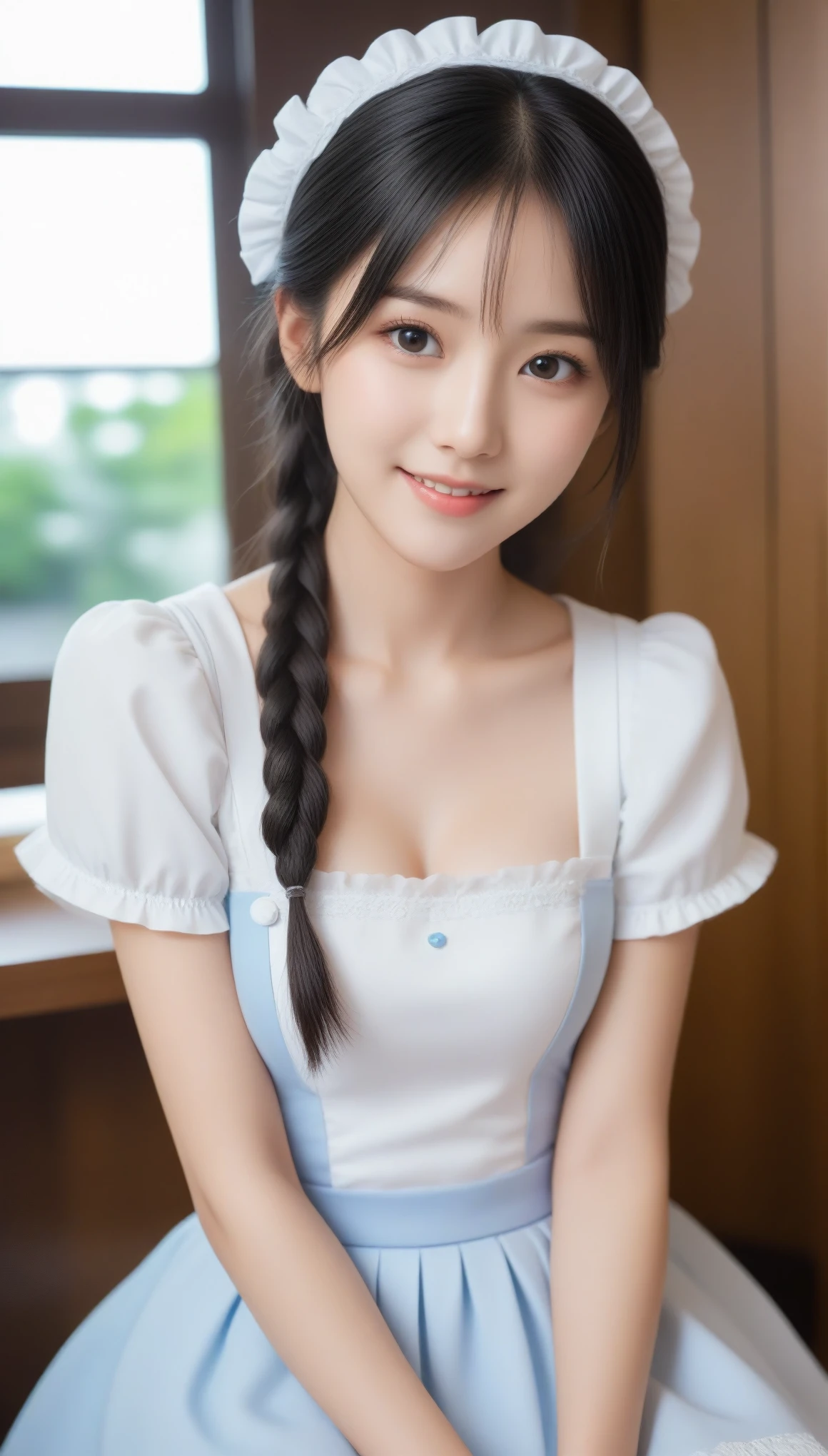 8k, Ultra-high resolution, highest quality, masterpiece, Rule of thirds photography,Surreal, photograph, 1 girl, (:1.3), cute女の子, cute顔, Beautiful eyes in every detail, 細かくdetailedに,masterpiece,, One Girl:1.2, Japan Female Announcer, cute, pastel colour, Soft Light, watercolor, 小さくてとてもcute女の子, braid(twin braids), Black Hair Maid, simple メイド outfit with long skirt type, cuteイラスト, Classic type cafe, smile , Acting to mock the audience,Looking at the audience、beauty,Long neck、Laugh a little、Please close your mouth and laugh、(((Ideal body type))),A-cup small breasts :2,whole body、Perfect Anatomy、鮮明なdetailed、detailed、Surreal、Light and shadow,Strong light
