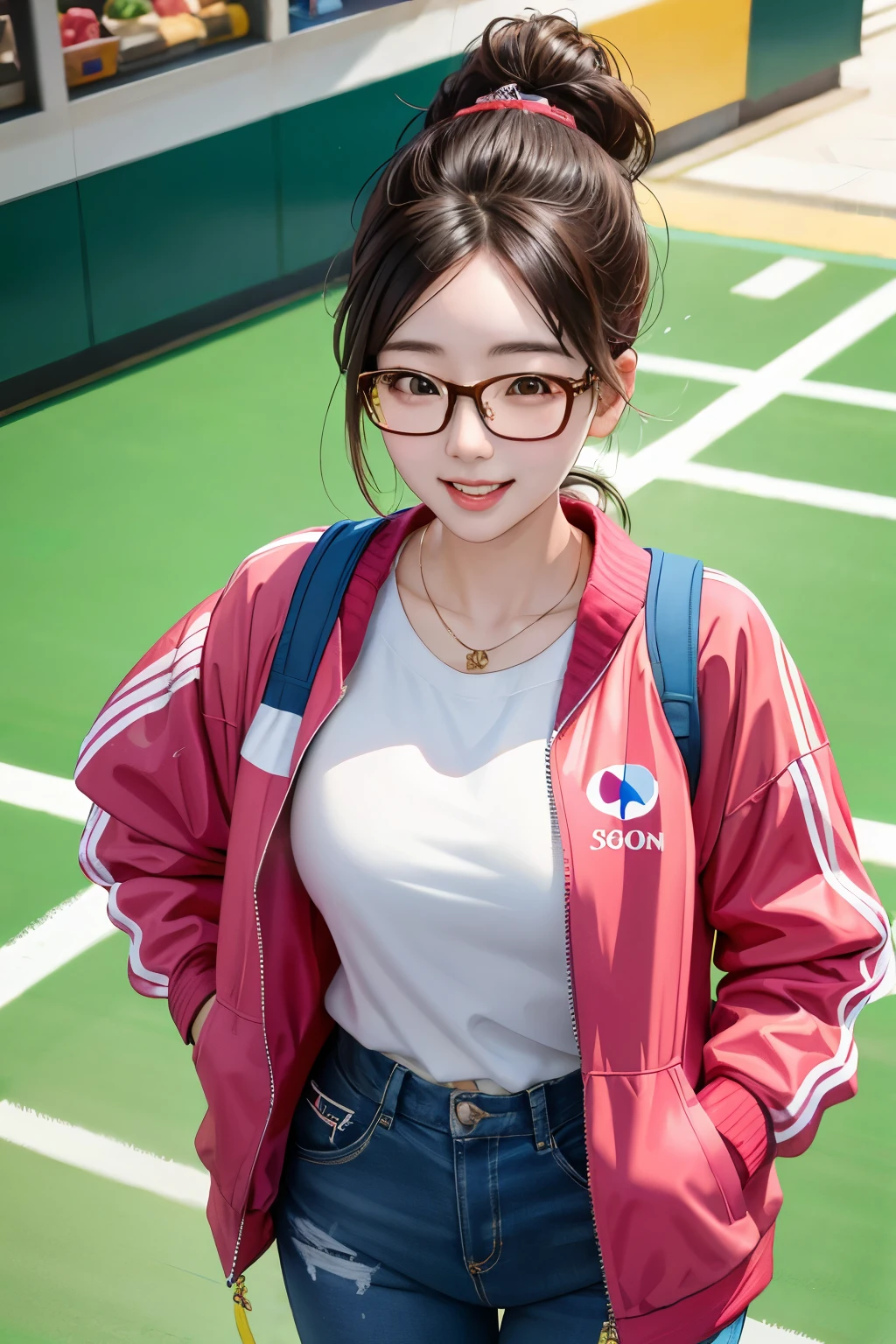 (masterpiece, highest quality), One Girl,  Satou, Satou, Glasses, 赤いフレームのGlasses, Under-rim eyewear, Satou, Glasses, 赤いフレームのGlasses, Under-rim eyewear, Track jacket, Track pants