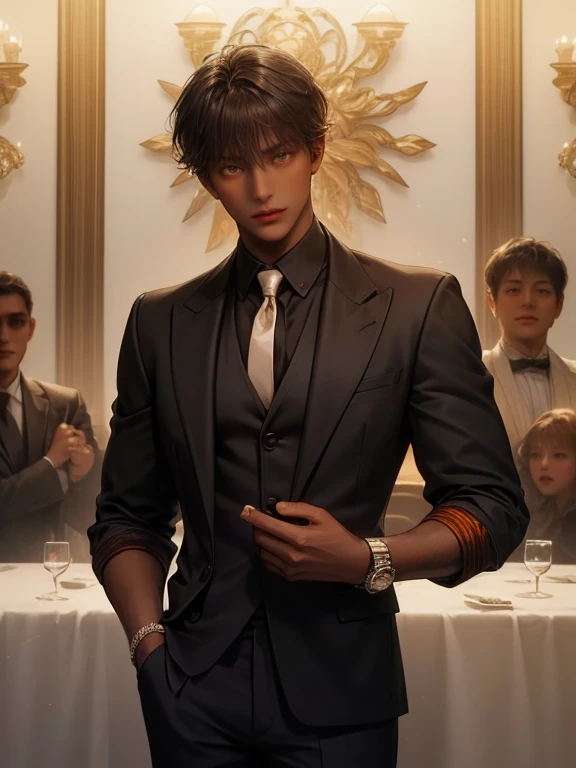 Male focus, 1 MAN, solitary, DARK BROWN hair, (((bright yellow eyes))), SHORT MESSY hair, , ((brown skinned)), blushing a lot, handsome, THIN lanky MAN, black hair，((LUXURY brown orange SUIT)), ELEGANT, RICH, BLACK SKIN, ((DARK SKINNED)), SOFT LOOKING, BLUSHING, HAIR DOWN, (((((SHORT HAIR)))), (((((DARK SKINNED, TANNED SKIN, VERY DARK SKIN)))), BANGS, SHORT SHORT HAIR, brown SKIN ASIANsharp orange EYES, BLUNT BANGS, ONE PERSON ONLY, orange eyes, VERY THIN