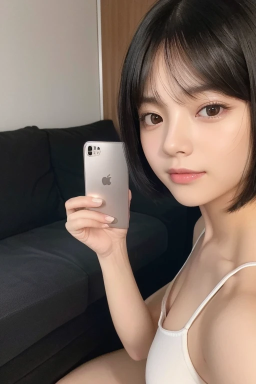 (Masterpiece, BestQuality:1.2), (hyperrealistic:1.1), (8k,Photorealistic), (superrealistic:1.4),little-girl taking a selfie,japanese,19yo,(naked and her nipples are visible),(she is holding a smartphone in one hand and taking a selfie), She is smiling brightly and posing happily,The background is the girl's room.BREAK (beautiful detailed teeth, eyes with large brown irises, blunt bangs,small mouth, fresh lips,nose blush),shiny skin,