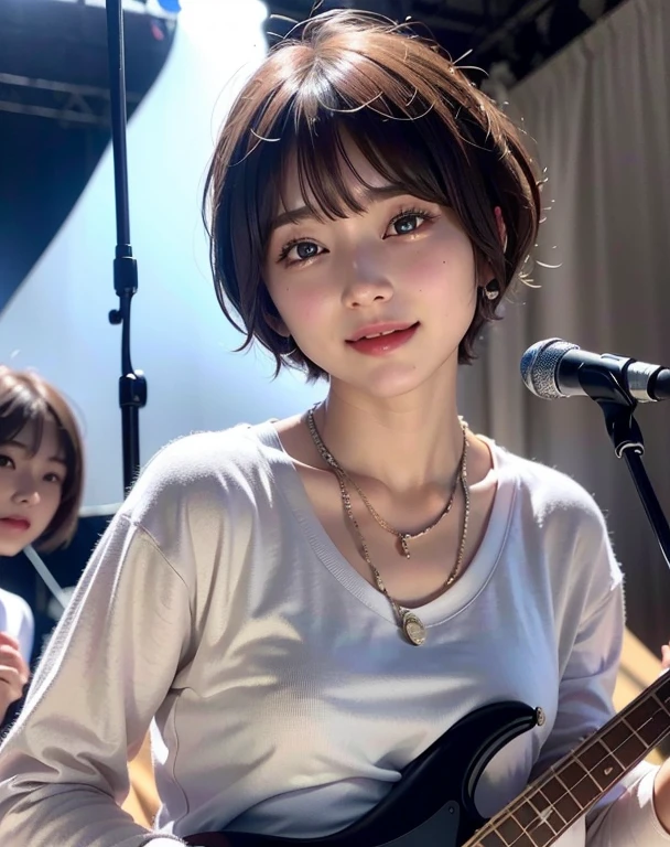 ((highest quality))、(masterpiece:1.4)、Raw photo、8k、((Best image quality))、 ((High resolution))、Beautiful face in every detail、Realistic human skin、Gentle expression、(One Woman:1.3 )、Realistic、Photorealistic、(Very short hair:1.4)、(Beautiful woman)、(Cute Japanese Girl)、(boyish:1.3)、(mannish)、((Beautiful woman))、(Beautiful Hair)、((Dark brown hair))、(((Red cheeks)))、((Her eyes are big))、20 year old beauty、(Her face is small:1.7)、Small Head、((Long neck))、Pale skin、Spotless Skin、With bangs、Everyone longs for、日本のBeautiful woman、8 heads、(necklace)、(Music Festival:1.4)、blue sky、singer、(Concert T-shirts)、smile、(Larger clothes:1.3)、Happy expression、(Bass guitar:1.3)、(on stage:1.3)、blue sky、Stand microphone、Wristband、bracelet、