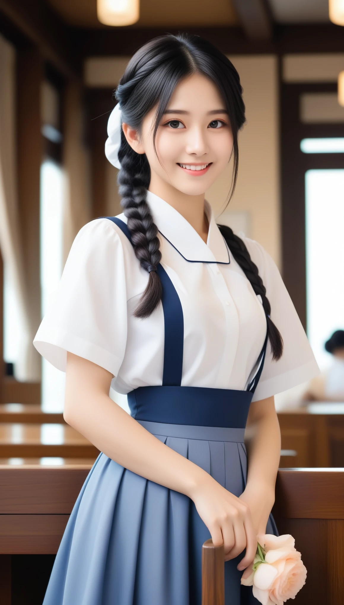 8k, Ultra-high resolution, highest quality, masterpiece, Rule of thirds photography,Surreal, photograph, 1 girl, (16 years old:1.3), cute女の子, cute顔, Beautiful eyes in every detail, 細かくdetailedに,masterpiece,, One Girl:1.2, Japan Female Announcer, cute, pastel colour, Soft Light, watercolor, 小さくてとてもcute女の子, braid(twin braids), Black Hair Maid, simple メイド outfit with long skirt type, cuteイラスト, Classic type cafe, smile , Acting to mock the audience,Looking at the audience、beauty,Long neck、Laugh a little、Please close your mouth and laugh、(((Ideal body type))),A-cup small breasts :2,whole body、Perfect Anatomy、鮮明なdetailed、detailed、Surreal、Light and shadow,Strong light